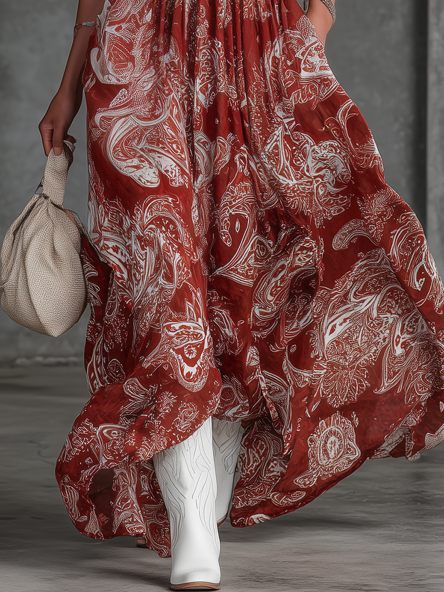 Retro Bohemian Holiday-Style Paisley Print Chiffon Halter Maxi Dress