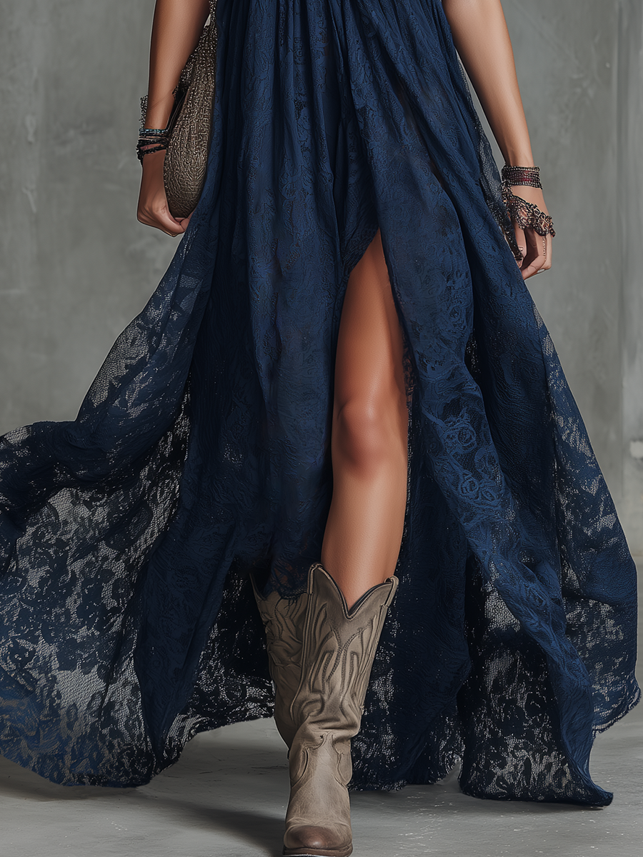 Retro V-Neck Solid-Colour Slit Lace Maxi Dress