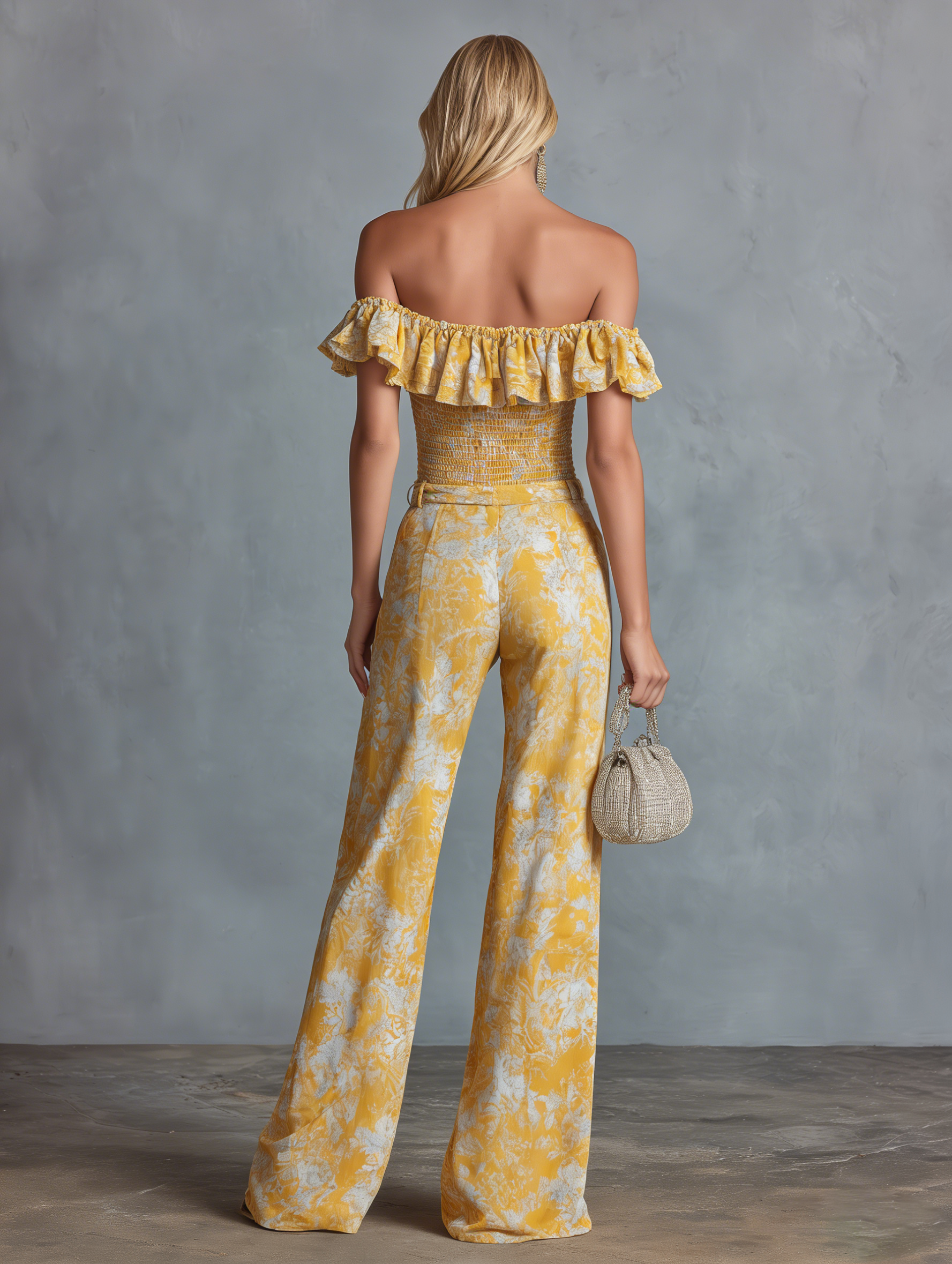 Stylish and Casual Off-the-shoulder Ruffled Top and Printed Chiffon Trousers Set