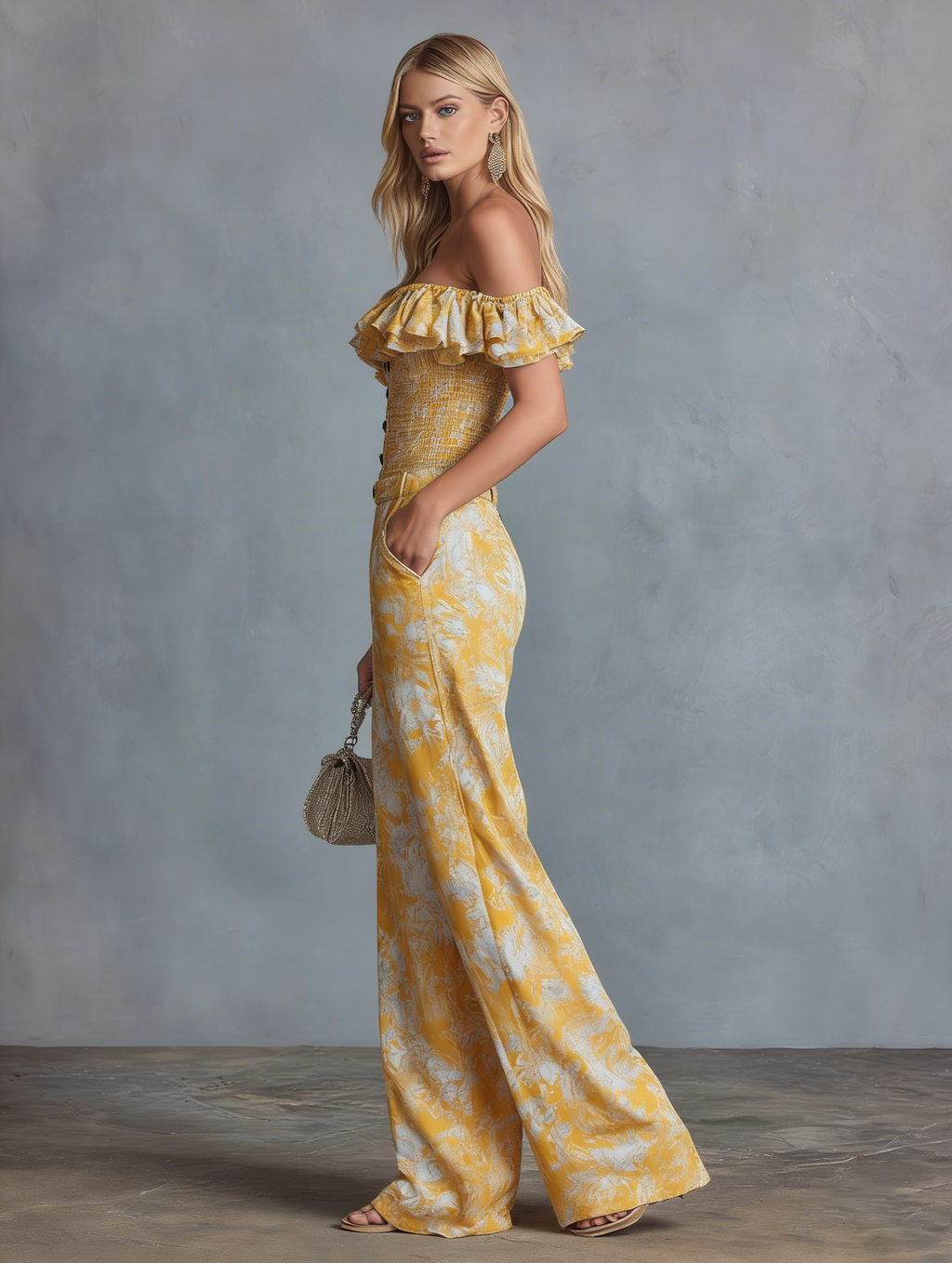 Stylish and Casual Off-the-shoulder Ruffled Top and Printed Chiffon Trousers Set