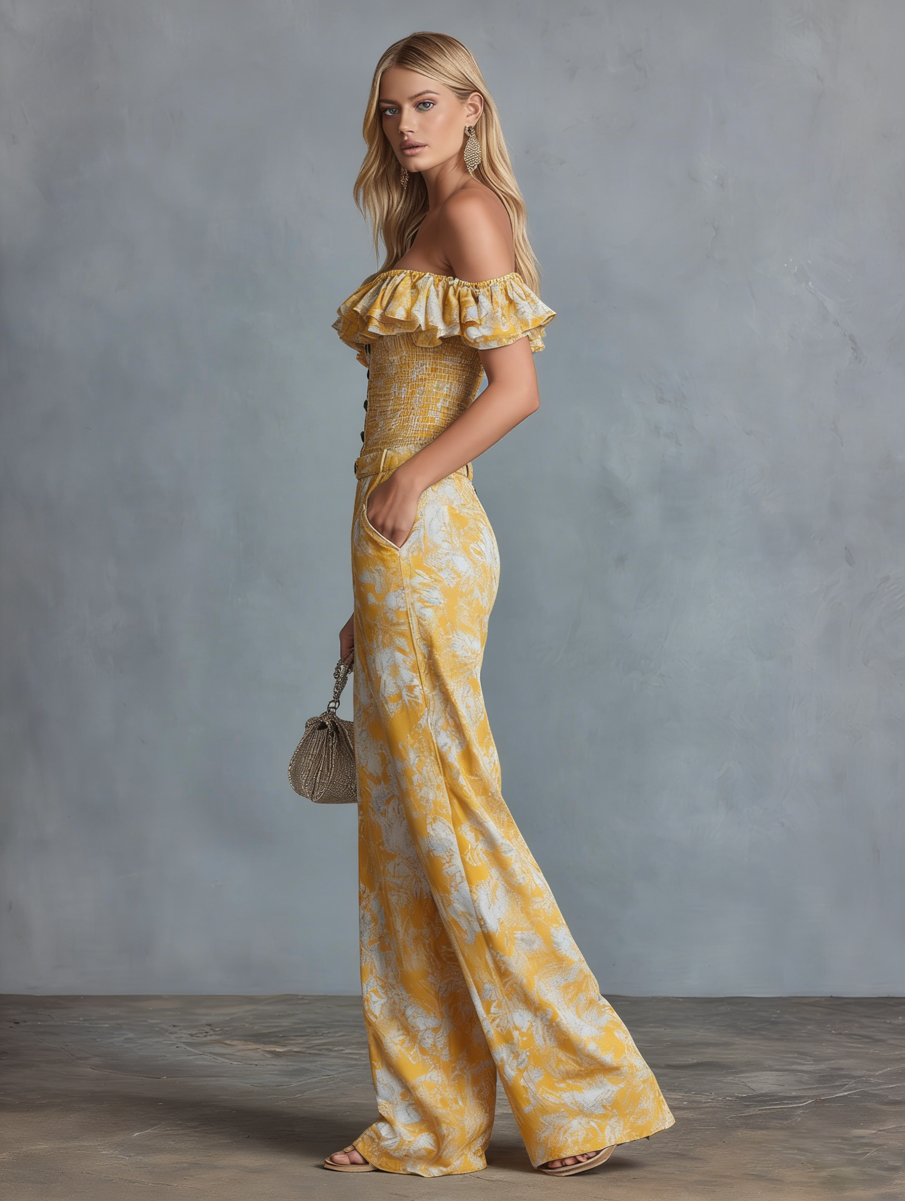 Stylish and Casual Off-the-shoulder Ruffled Top and Printed Chiffon Trousers Set