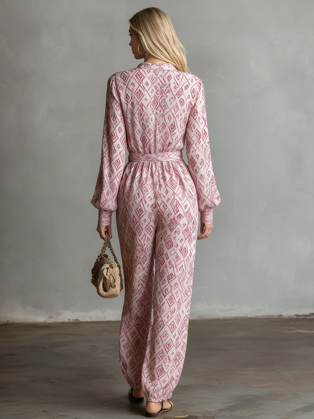 Casual and Comfortable Long-sleeved V-neck Printed Chiffon Jumpsuit
