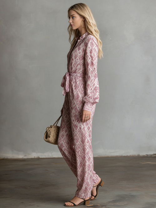 Casual and Comfortable Long-sleeved V-neck Printed Chiffon Jumpsuit