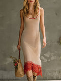 Western Retro Red Lace Khaki Sleeveless Knit Midi Dress