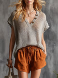Casual Retro-style Light Grey V-neck Knit Top And Orange Cotton Linen Shorts Set