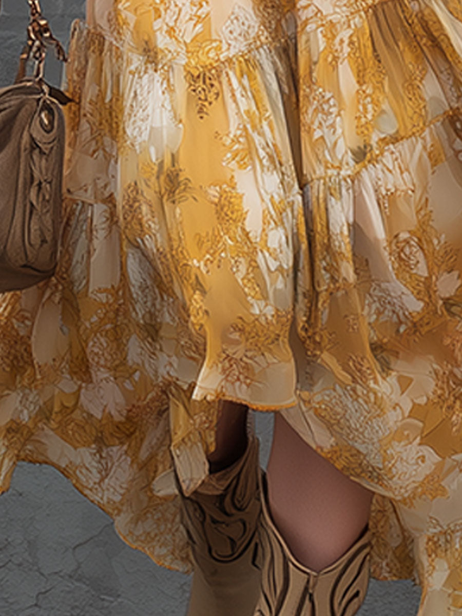 Fashionable Retro Printed Yellow V-neck Sleeveless Chiffon Midi Dress