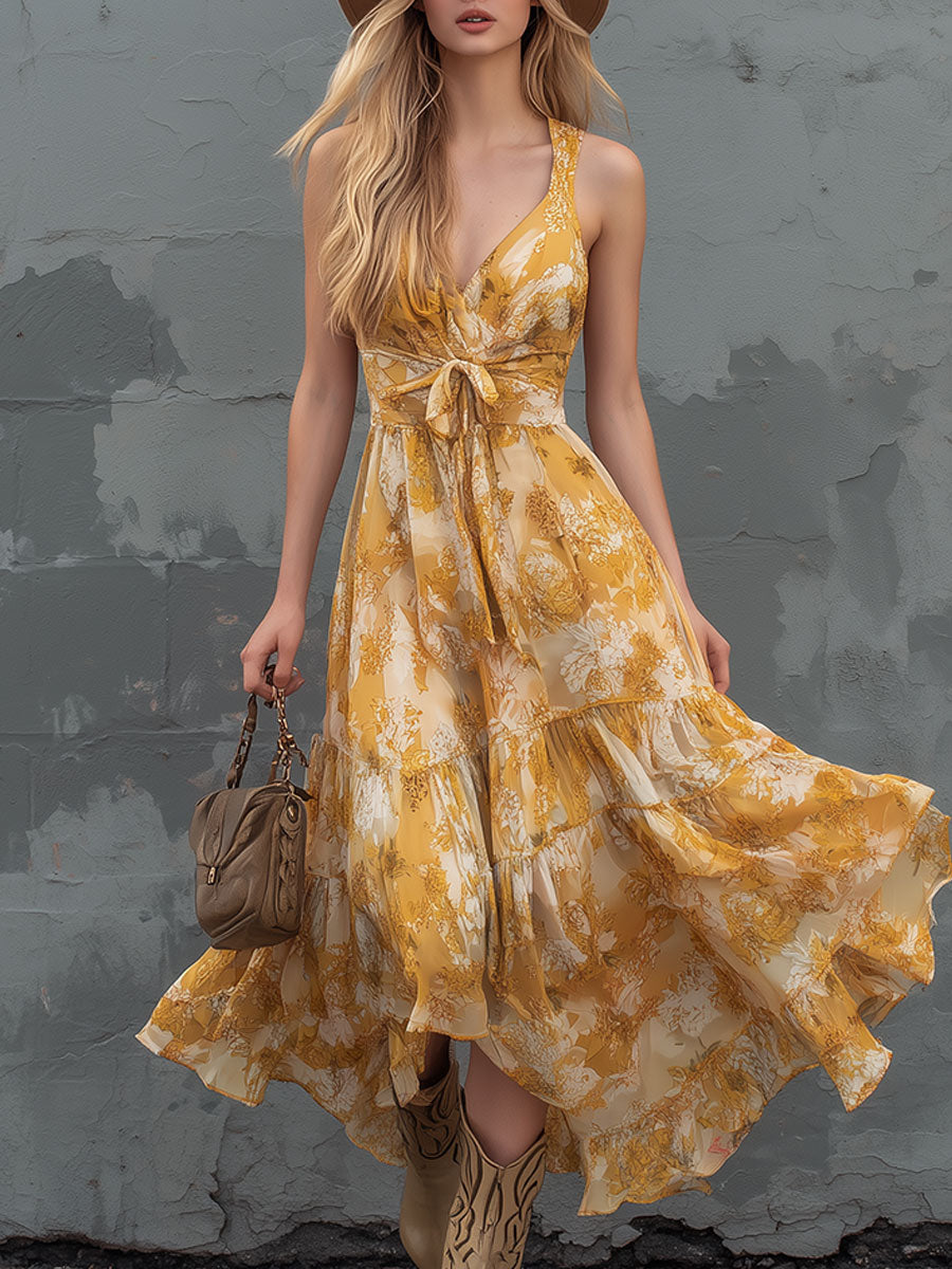 Fashionable Retro Printed Yellow V-neck Sleeveless Chiffon Midi Dress