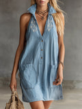 Retro Embroidered Light Blue Lightweight Denim Summer Sleeveless Mini Dress