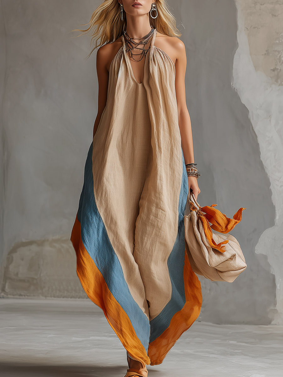 Retro Vacation Style Colour-Block Hem Khaki Cotton-Linen Sleeveless Halter Maxi Dress