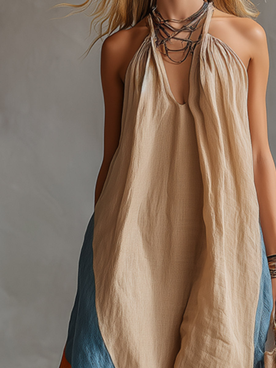 Retro Vacation Style Colour-Block Hem Khaki Cotton-Linen Sleeveless Halter Maxi Dress