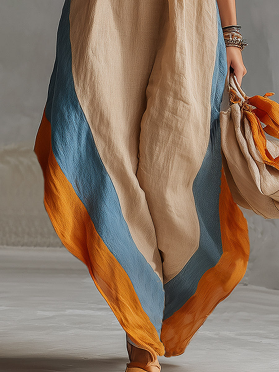 Retro Vacation Style Colour-Block Hem Khaki Cotton-Linen Sleeveless Halter Maxi Dress