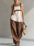 Minimalist Silhouette Leopard-Print Trim White Top and Brown Wide-Leg Trousers Cotton-Linen Set