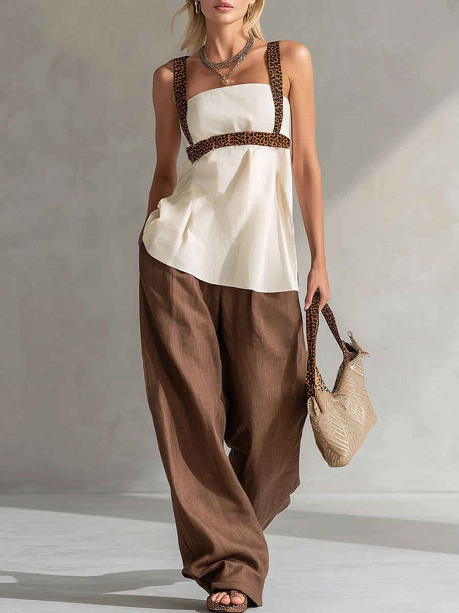 Minimalist Silhouette Leopard-Print Trim White Top and Brown Wide-Leg Trousers Cotton-Linen Set