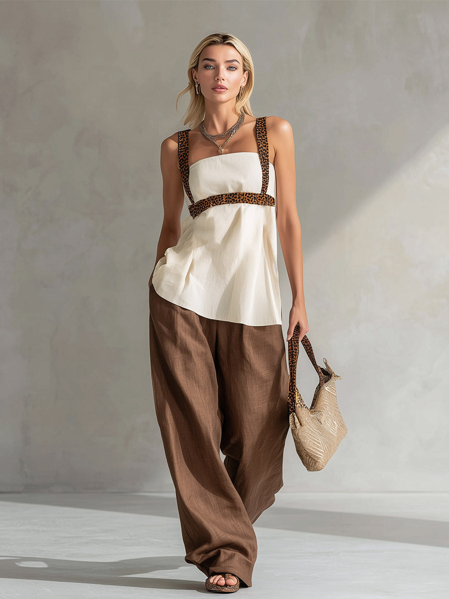 Minimalist Silhouette Leopard-Print Trim White Top and Brown Wide-Leg Trousers Cotton-Linen Set