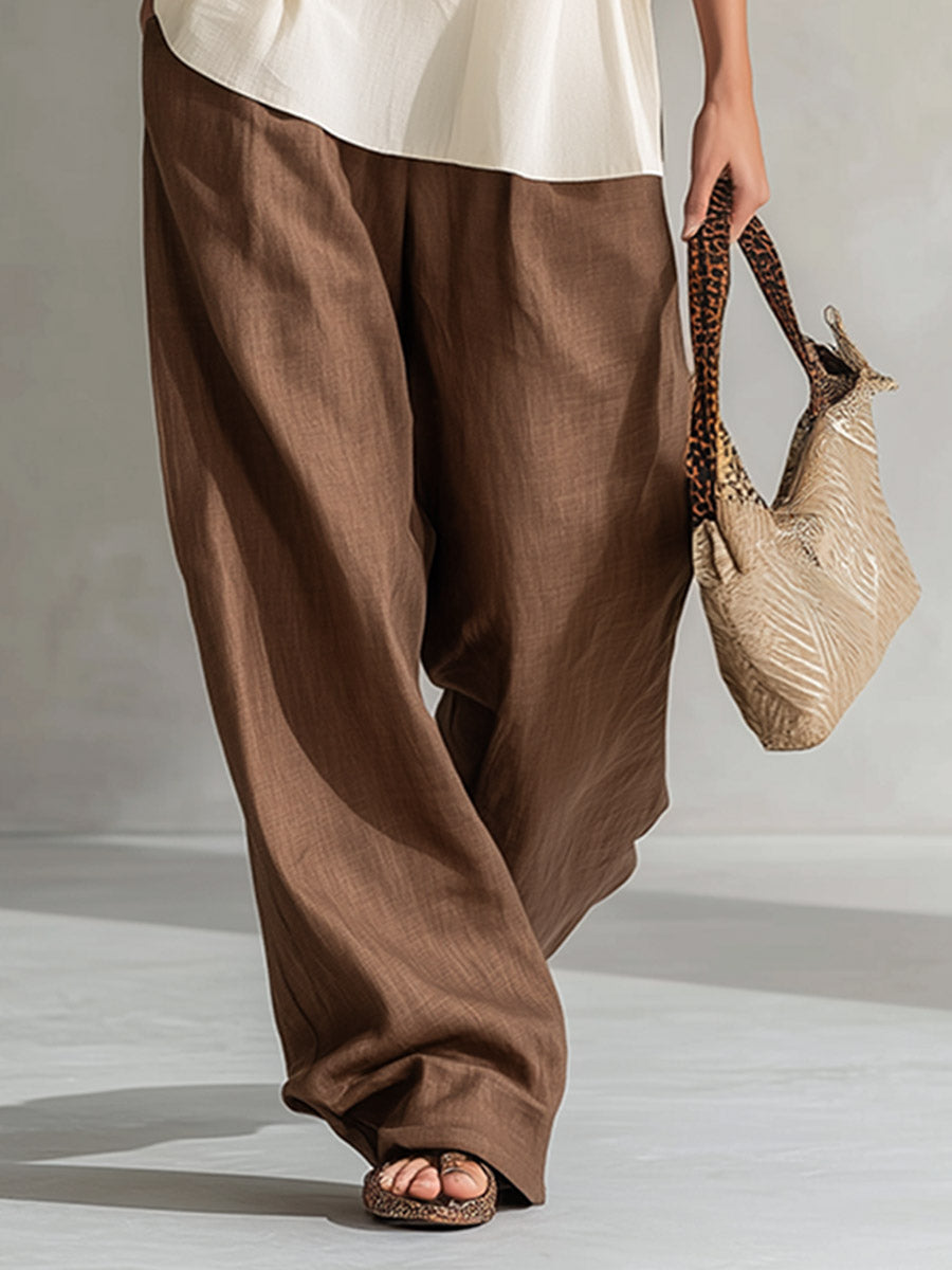 Minimalist Silhouette Leopard-Print Trim White Top and Brown Wide-Leg Trousers Cotton-Linen Set
