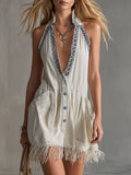 Exquisite Embroidered Off-White Cotton-Linen Tasseled Sleeveless Mini Dress
