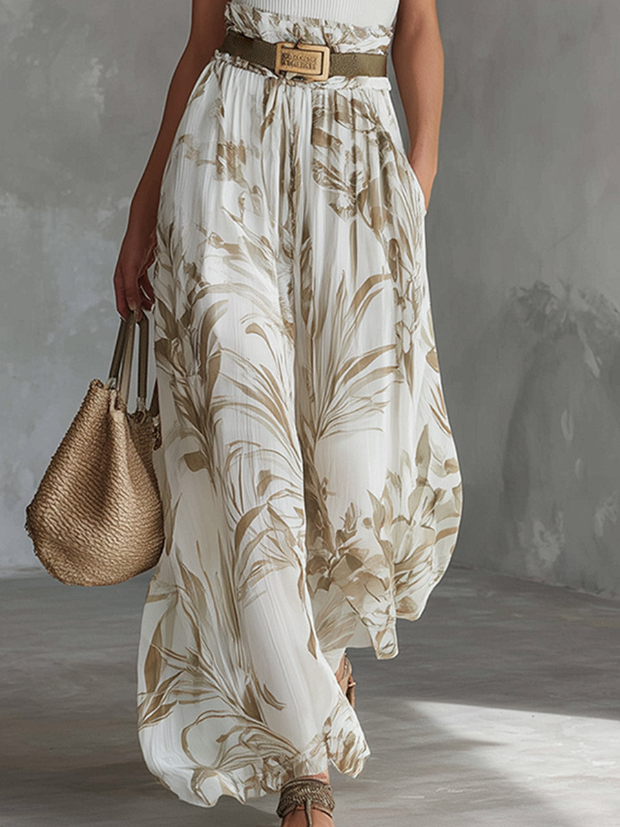 Elegant White Breathable Knit Tank Top Printed Chiffon Wide-Leg Trousers Set