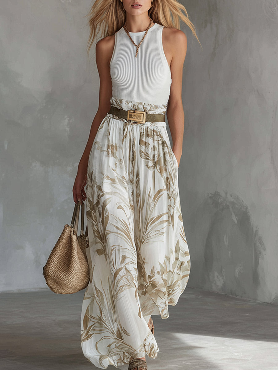 Elegant White Breathable Knit Tank Top Printed Chiffon Wide-Leg Trousers Set
