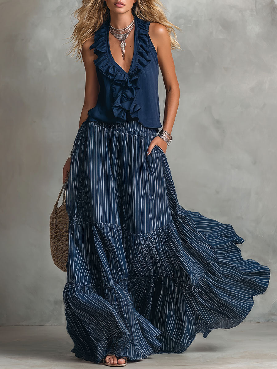 V-neck Ruffled Sleeveless Top and Striped Printed Chiffon Skirt Set