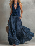 V-neck Ruffled Sleeveless Top and Striped Printed Skirt Chiffon Set