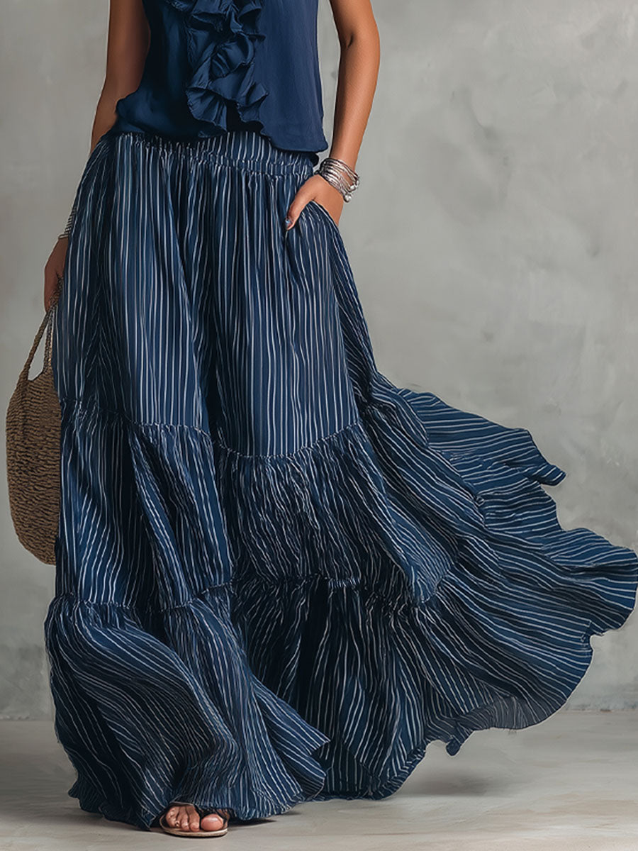 V-neck Ruffled Sleeveless Top and Striped Printed Skirt Chiffon Set
