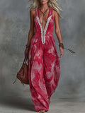 Western Vacation Lace V-Neck Front Zipper Vintage Print Raspberry Red Chiffon Jumpsuit