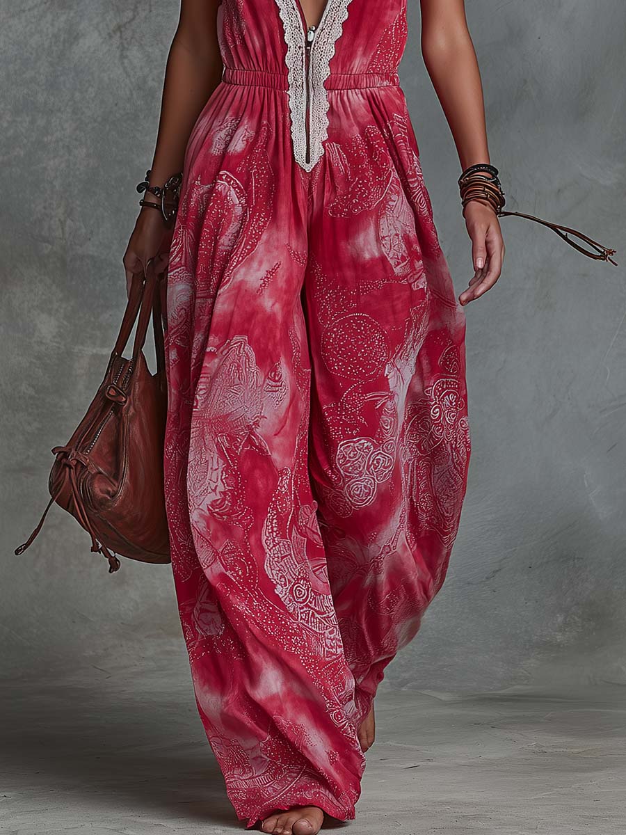 Western Vacation Lace V-Neck Front Zipper Vintage Print Raspberry Red Chiffon Jumpsuit