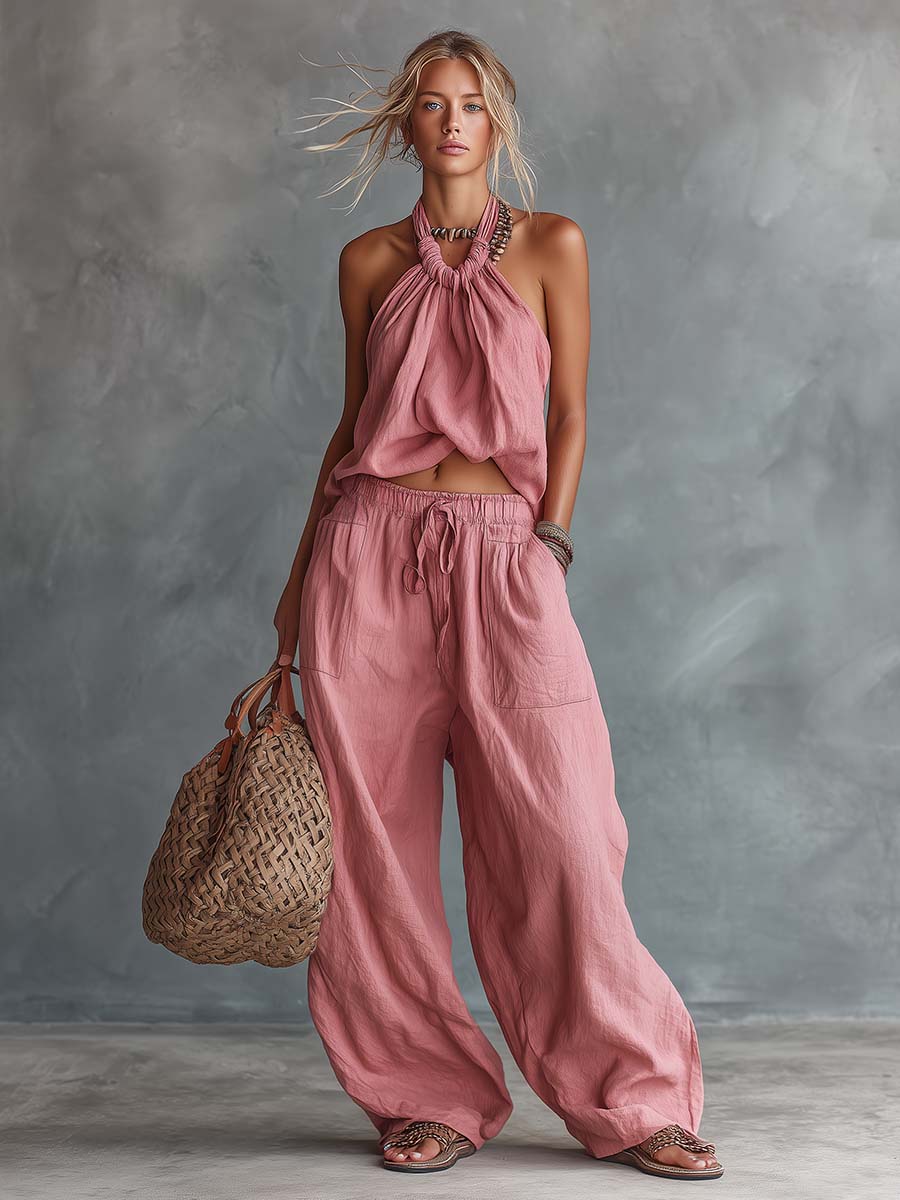 Retro Casual Holiday Pink Cotton-Linen Halter Top And Trousers Set