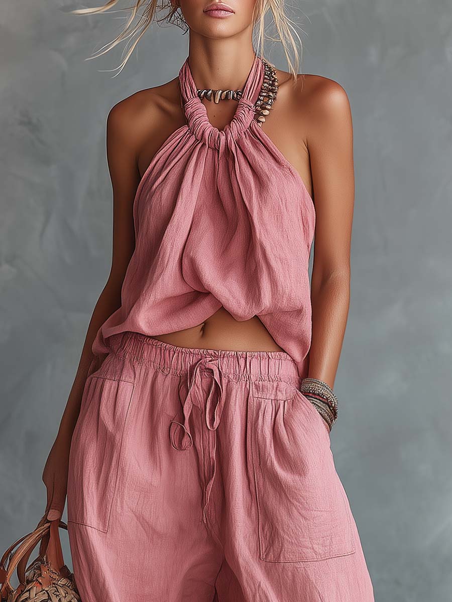 Retro Casual Vacation Pink Cotton-Linen Halter Top and Trousers Set
