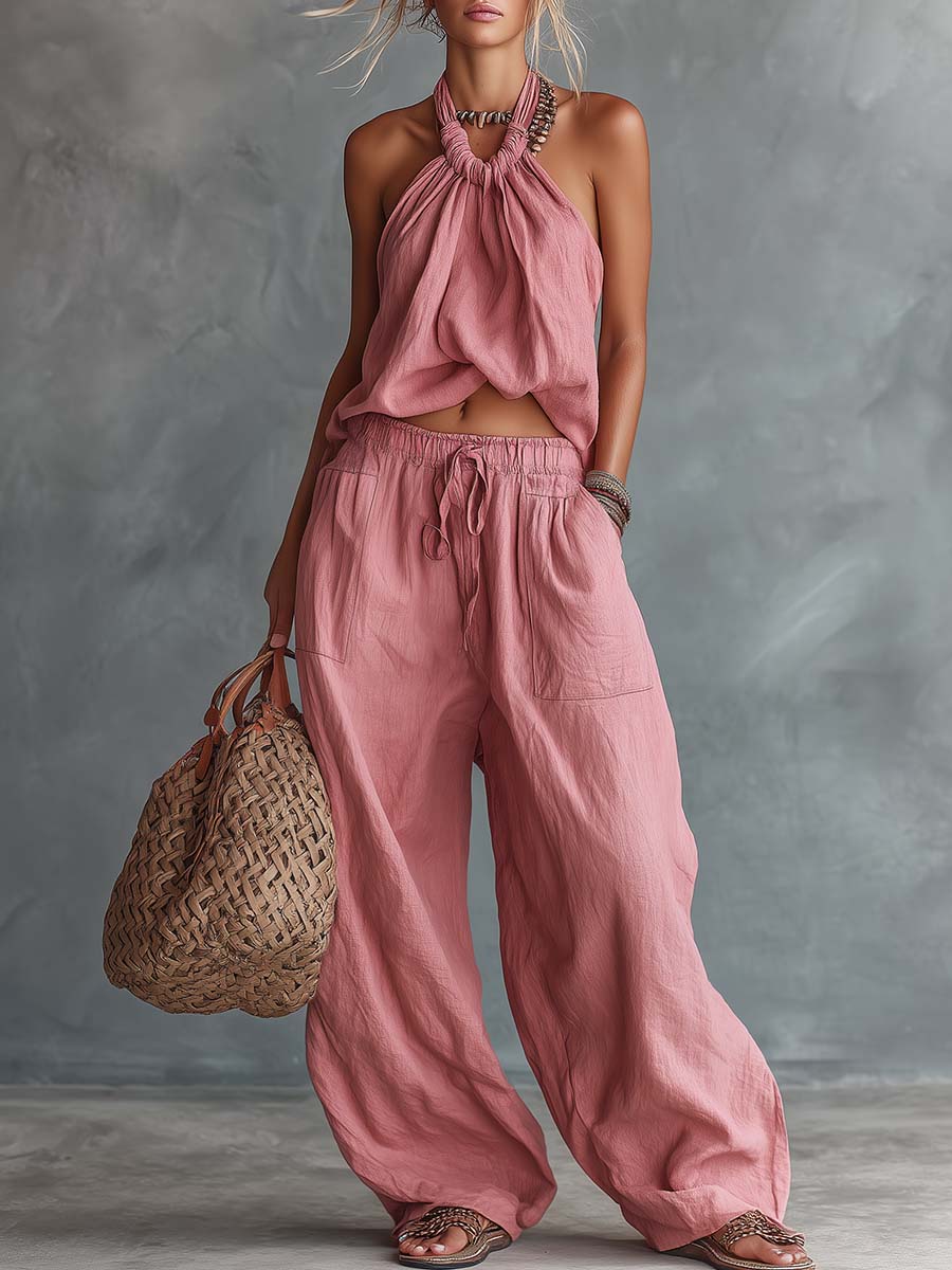 Retro Casual Vacation Pink Cotton-Linen Halter Top and Trousers Set