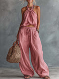 Retro Casual Vacation Pink Cotton-Linen Halter Top and Trousers Set