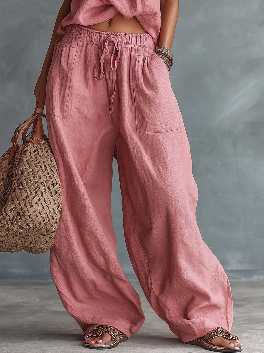 Retro Casual Vacation Pink Cotton-Linen Halter Top and Trousers Set
