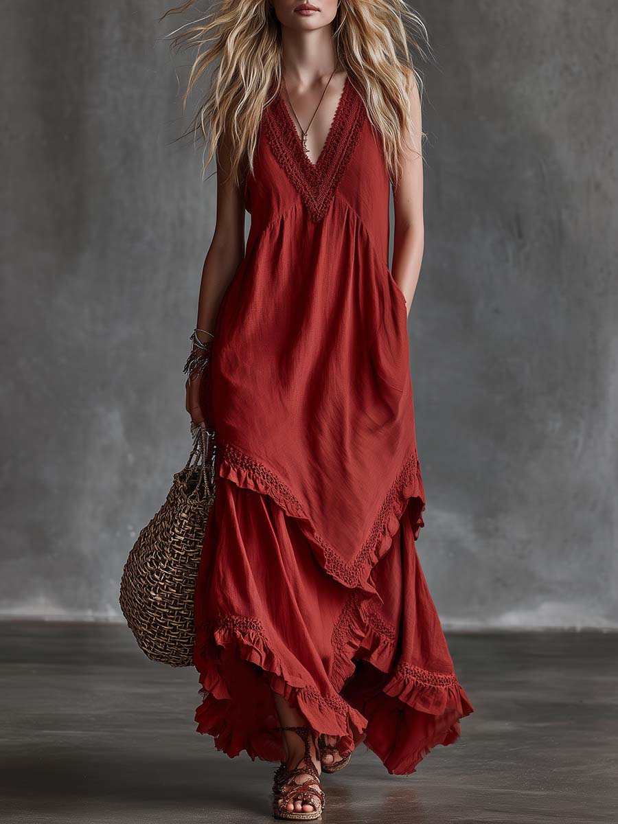 Retro Western Vacation V-Neck Lace Trim Asymmetrical Hem Red Cotton-Linen Maxi Dress
