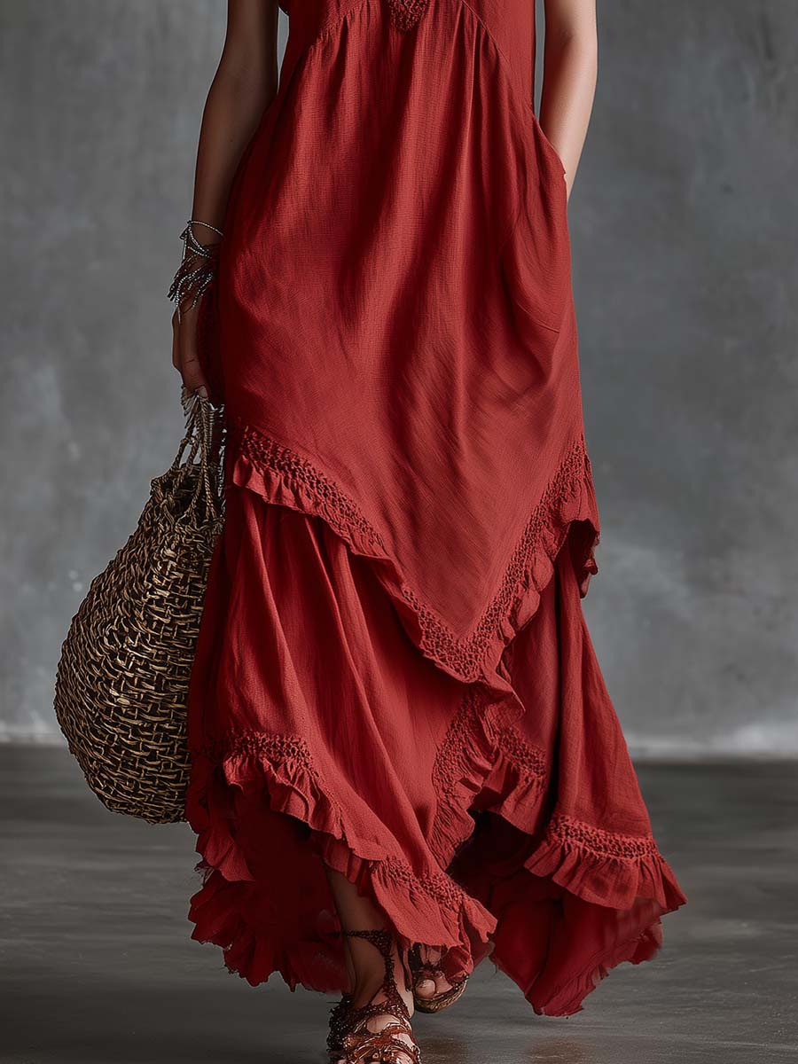 Retro Western Vacation V-Neck Lace Trim Asymmetrical Hem Red Cotton-Linen Maxi Dress