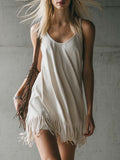 Elegant Western Versatile Fringed Hem White Faux Suede Strappy Mini Dress