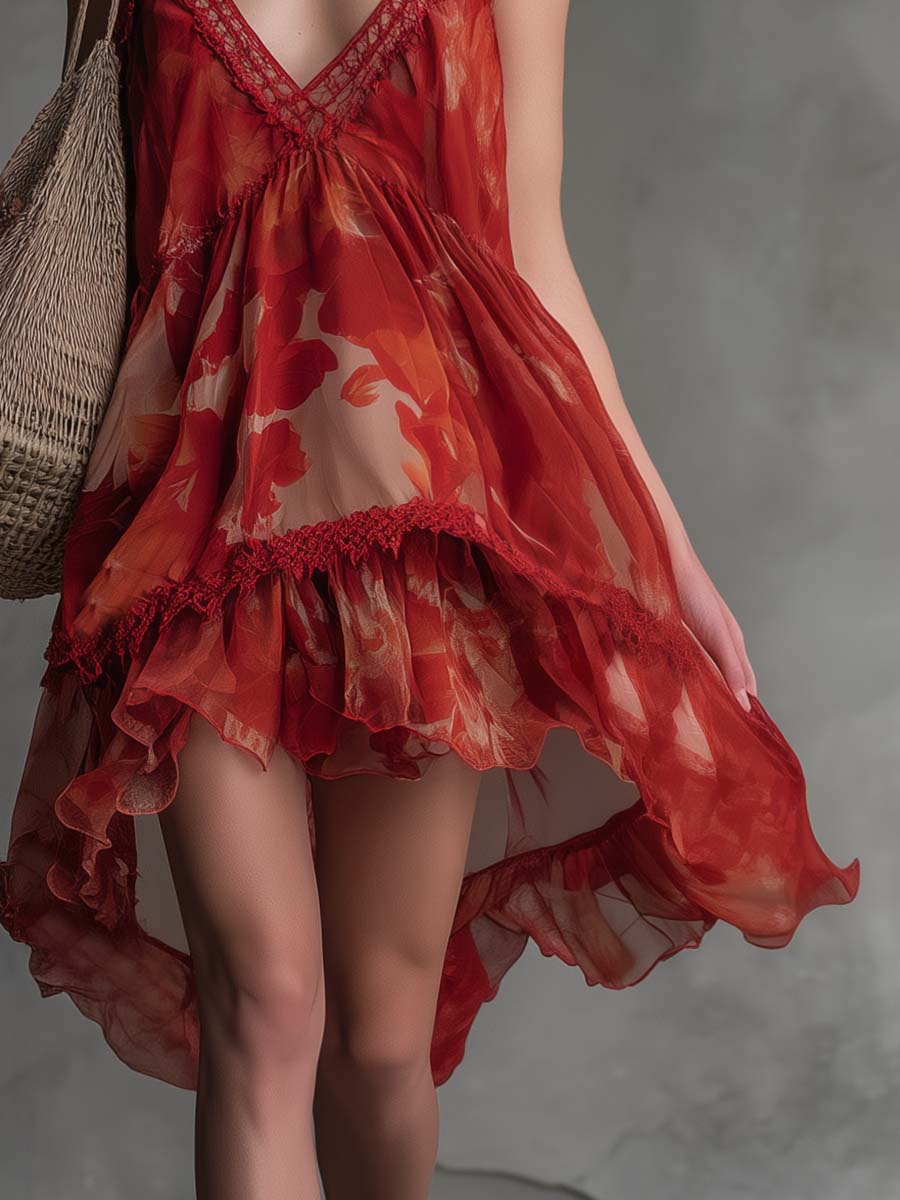 Retro Flowy Vacation Lace V-Neck Ruffled Hem Red Printed Chiffon Mini Dress