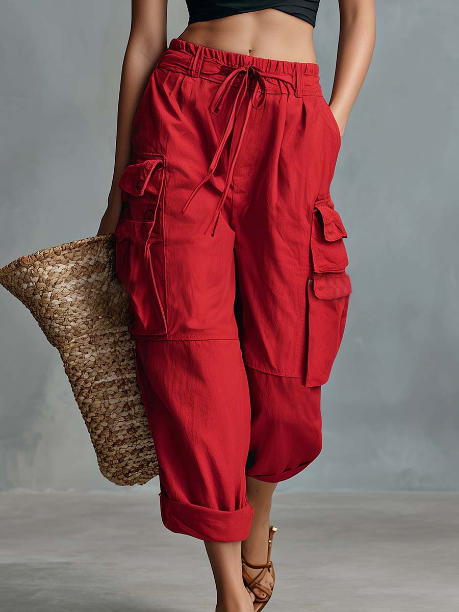 Casual Vacation-Style Red Cotton-Linen Cargo Capris Pants