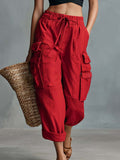 Casual Vacation-Style Red Cotton-Linen Cargo Capris Pants