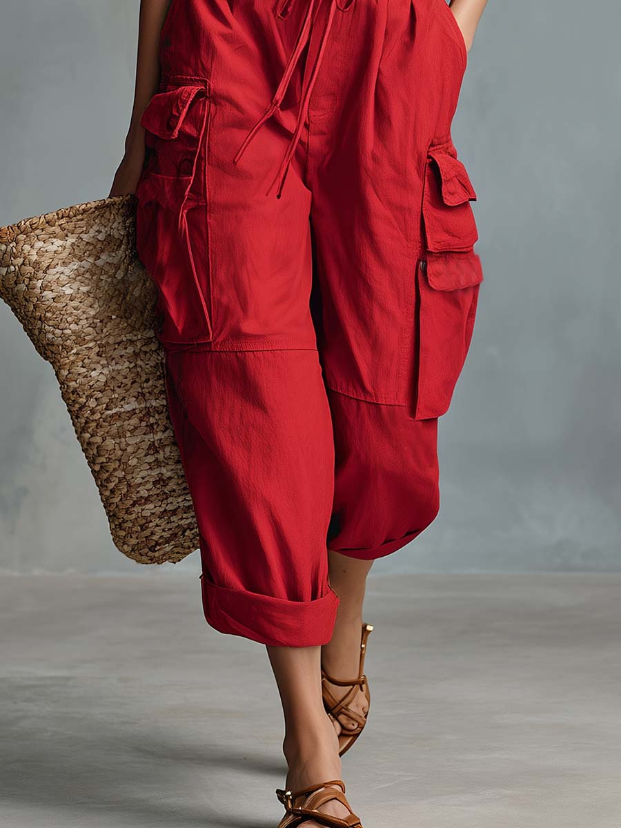 Casual Vacation-Style Red Cotton-Linen Cargo Capris Pants
