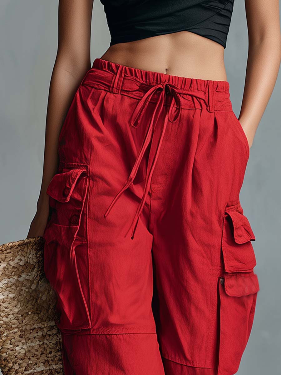 Casual Vacation-Style Red Cotton-Linen Cargo Capris Pants