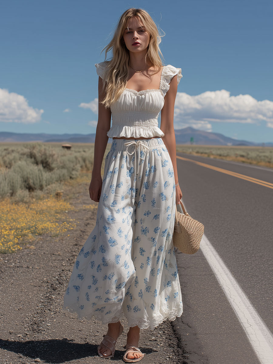 Western-style Retro Lace Ruffled White Sleeveless Top and Printed Wide-leg Trousers Set