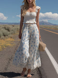 Western-style Retro Lace Ruffled White Sleeveless Top and Printed Wide-leg Trousers Set