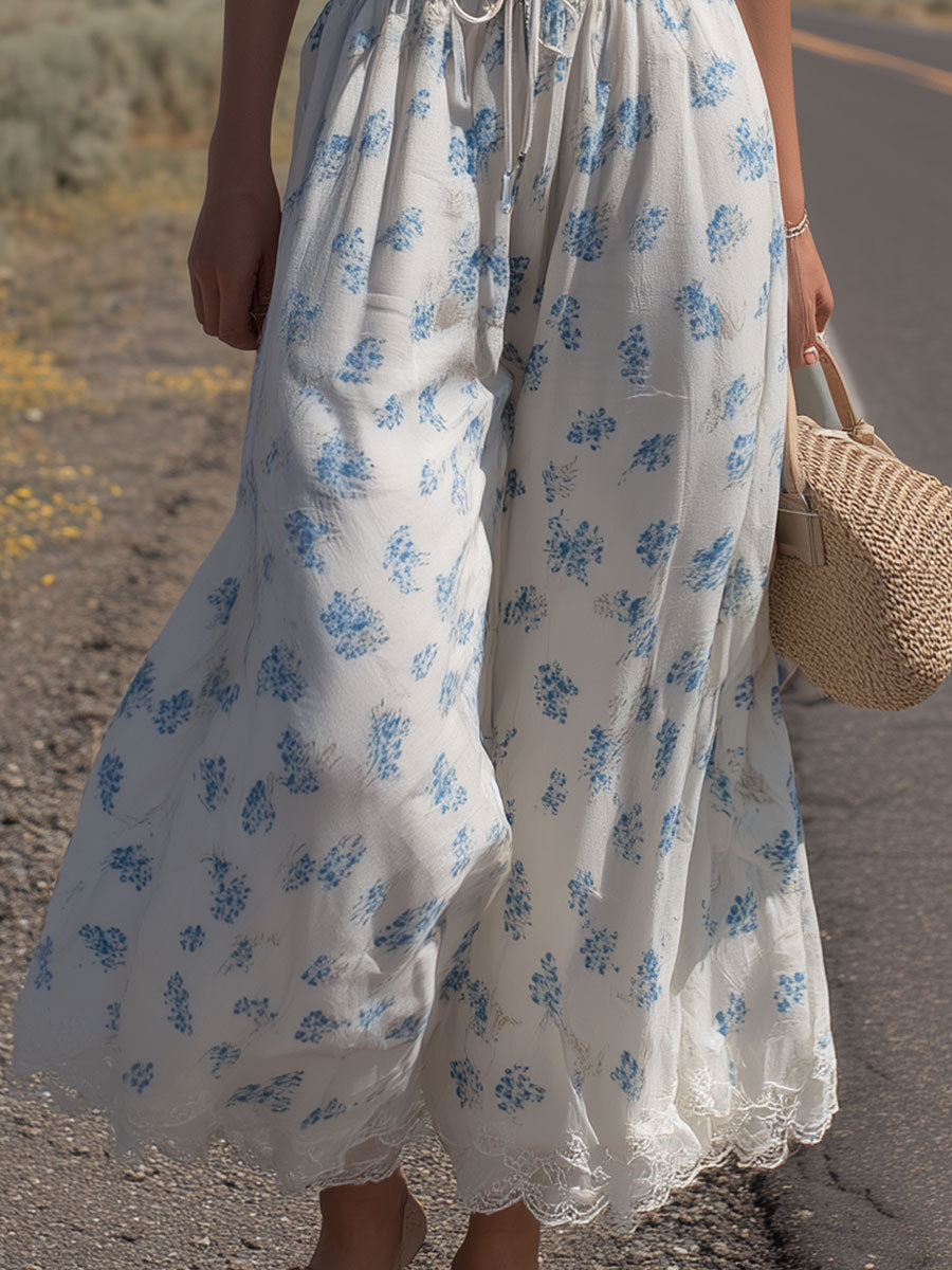 Western-style Retro Lace Ruffled White Sleeveless Top and Printed Wide-leg Trousers Set