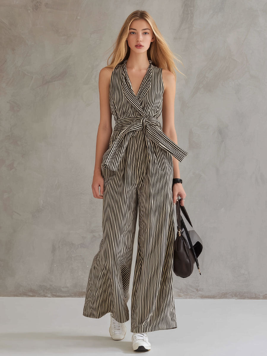 Fashionable Retro Striped Sleeveless Collared Cotton-Linen Jumpsuit