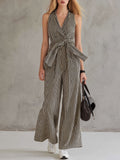 Fashionable Retro Striped Sleeveless Collared Cotton-Linen Jumpsuit