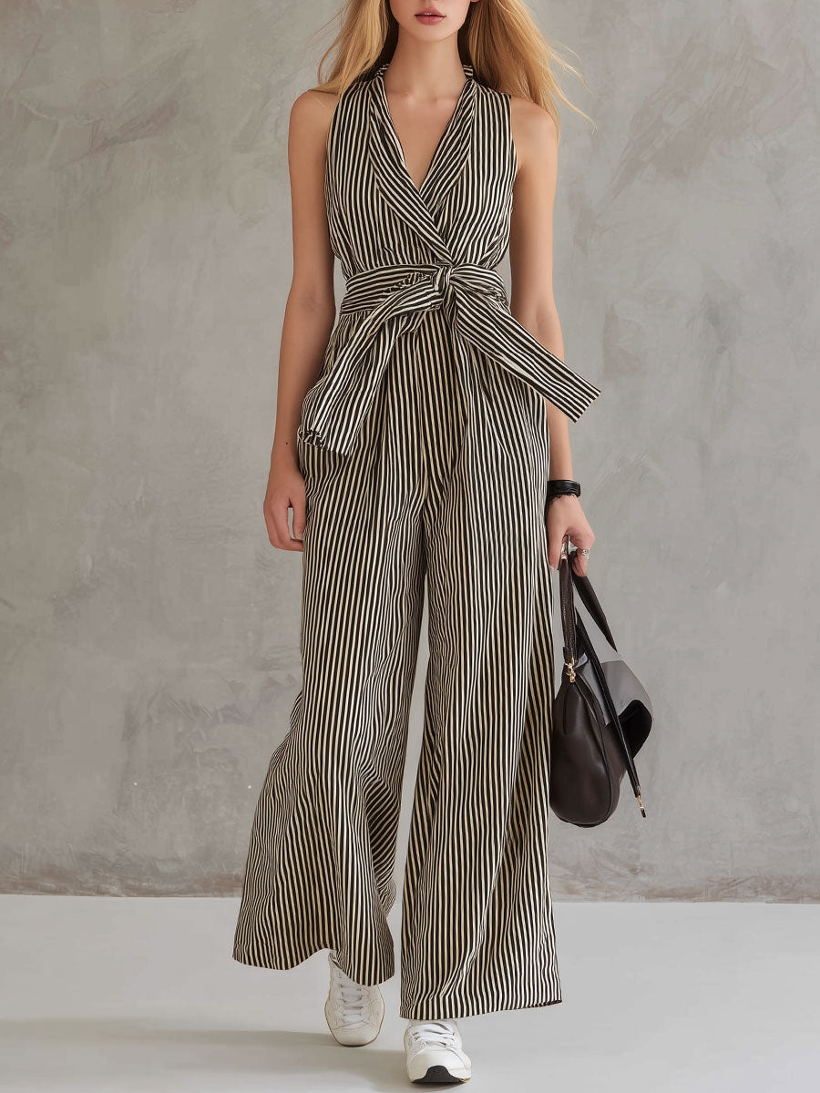 Fashionable Retro Striped Sleeveless Collared Cotton-Linen Jumpsuit