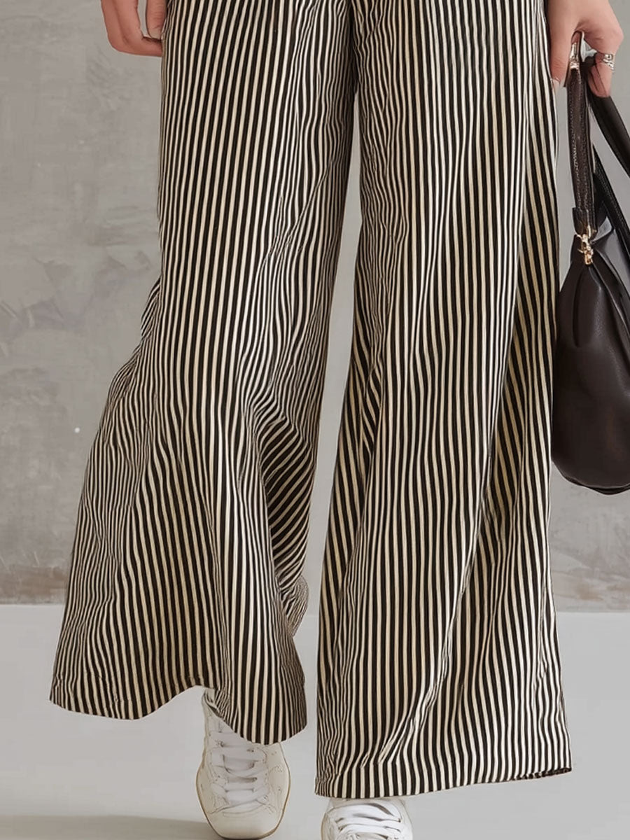 Fashionable Retro Striped Sleeveless Collared Cotton-Linen Jumpsuit