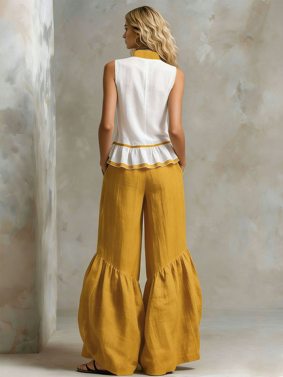 Colour-Blocked V-Neck Ruffled Sleeveless Top and Wide-Leg Cotton-Linen Set