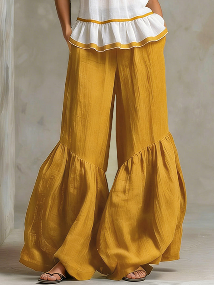 Color-blocked V-neck Ruffled Sleeveless Top And Wide-leg Cotton-linen Set