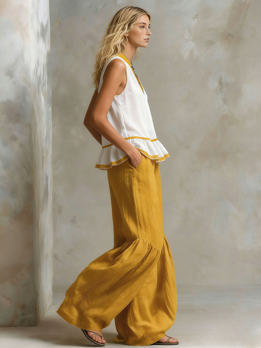 Colour-blocked V-neck Ruffled Sleeveless Top And Wide-leg Cotton-linen Set